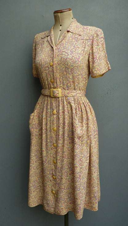 Vintage 1940s Dress Paisley Rayon Crepe Yellow Magenta Print UK M
