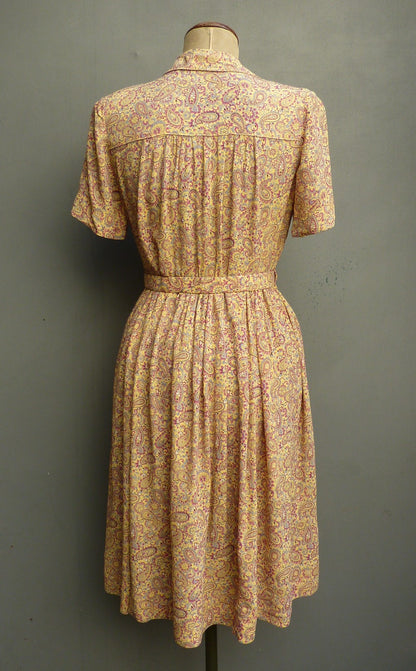 Vintage 1940s Dress Paisley Rayon Crepe Yellow Magenta Print UK M