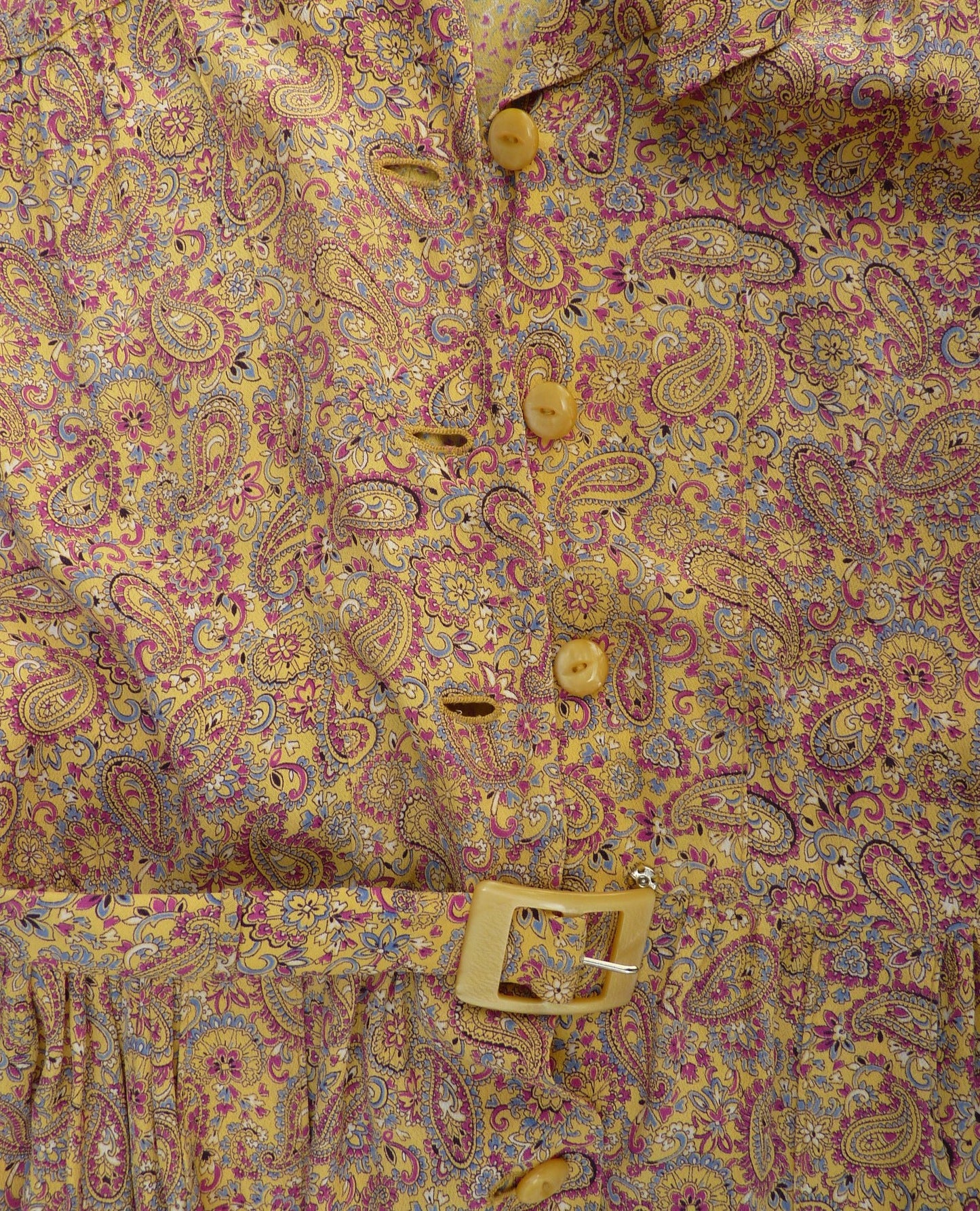 Vintage 1940s Dress Paisley Rayon Crepe Yellow Magenta Print UK M