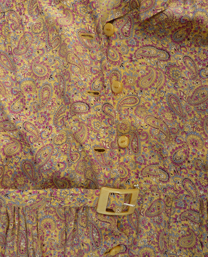 Vintage 1940s Dress Paisley Rayon Crepe Yellow Magenta Print UK M