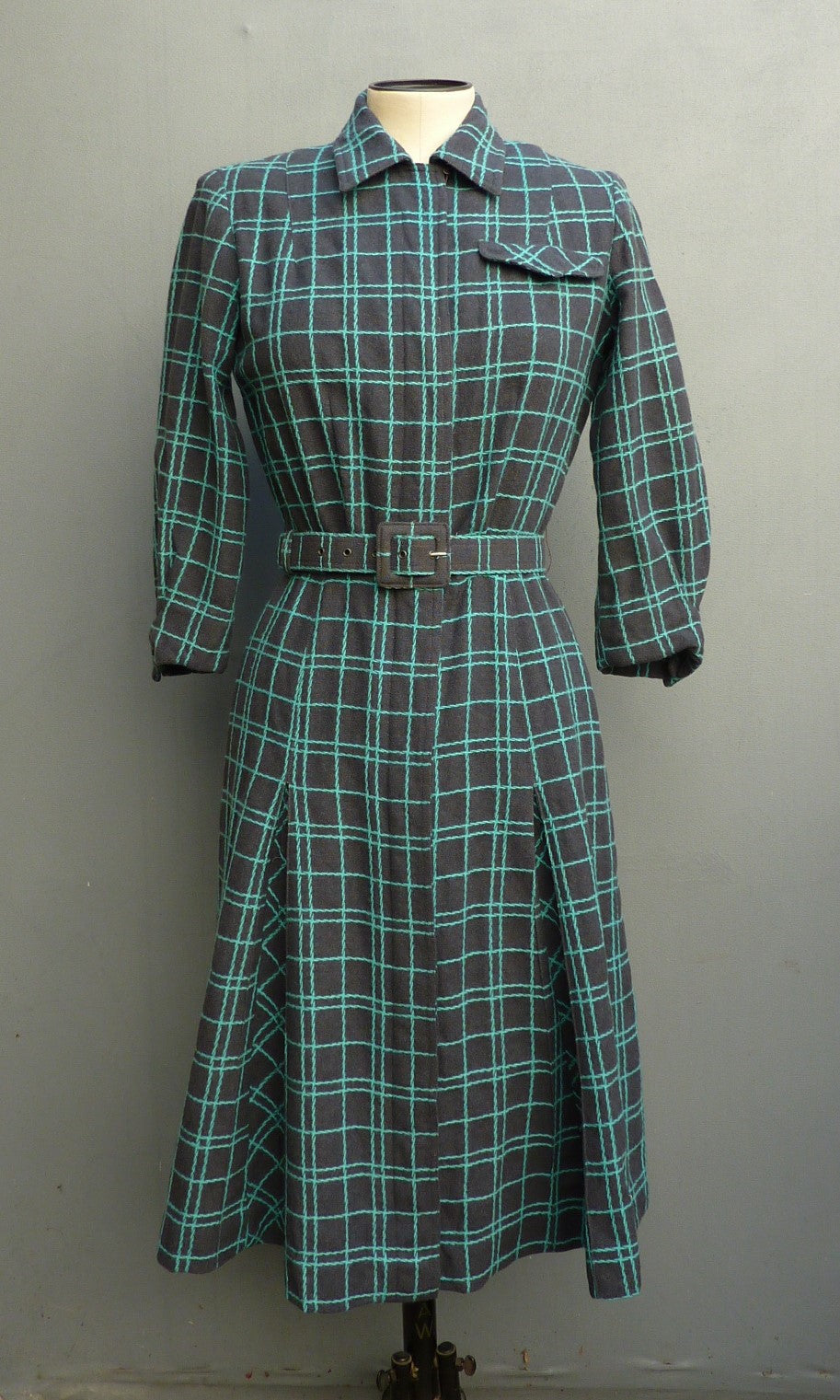 Vintage 1950s Shirt Dress Checked Grey Turquoise Blue Wool UK XS