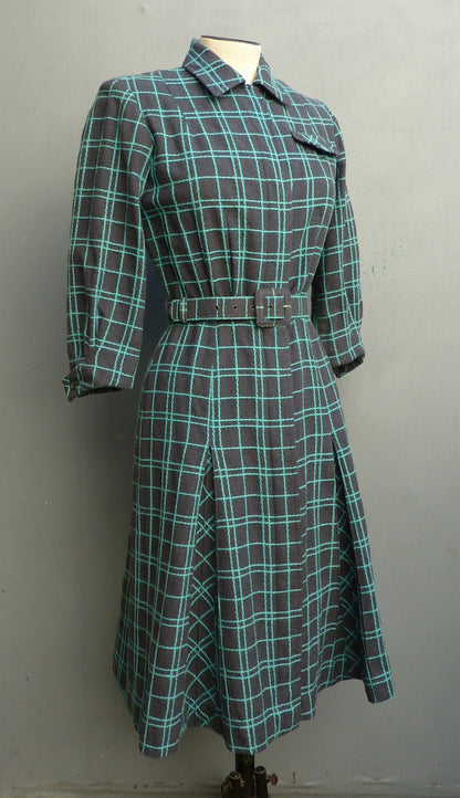 Vintage 1950s Shirt Dress Checked Grey Turquoise Blue Wool UK XS