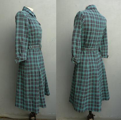 Vintage 1950s Shirt Dress Checked Grey Turquoise Blue Wool UK XS