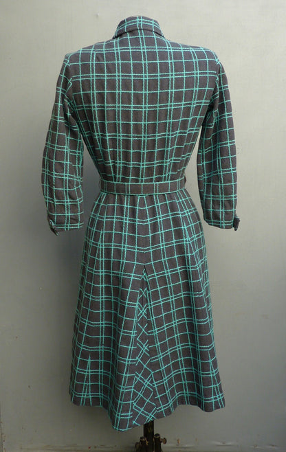 Vintage 1950s Shirt Dress Checked Grey Turquoise Blue Wool UK XS