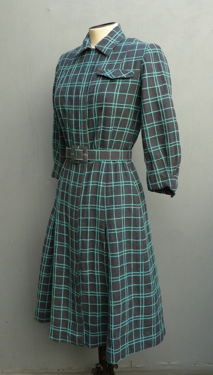 Vintage 1950s Shirt Dress Checked Grey Turquoise Blue Wool UK XS