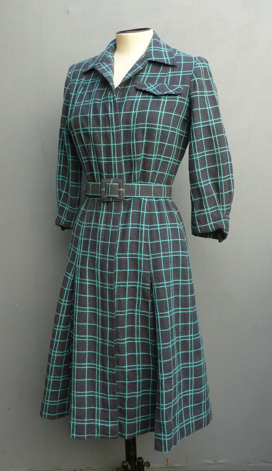 Vintage 1950s Shirt Dress Checked Grey Turquoise Blue Wool UK XS