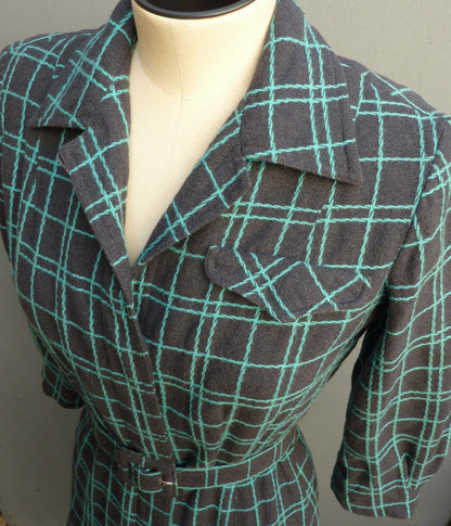 Vintage 1950s Shirt Dress Checked Grey Turquoise Blue Wool UK XS