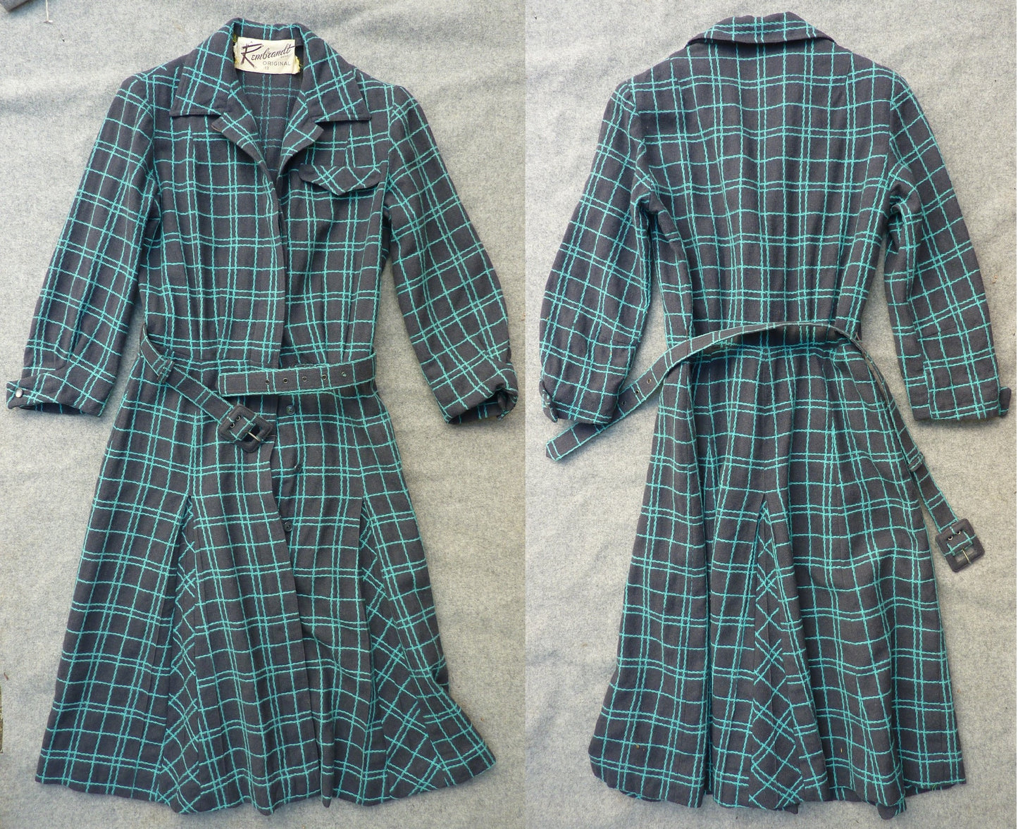 Vintage 1950s Shirt Dress Checked Grey Turquoise Blue Wool UK XS