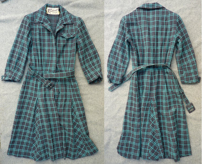 Vintage 1950s Shirt Dress Checked Grey Turquoise Blue Wool UK XS