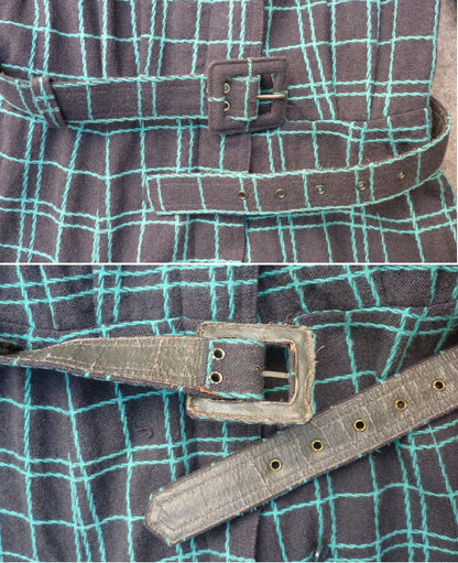 Vintage 1950s Shirt Dress Checked Grey Turquoise Blue Wool UK XS