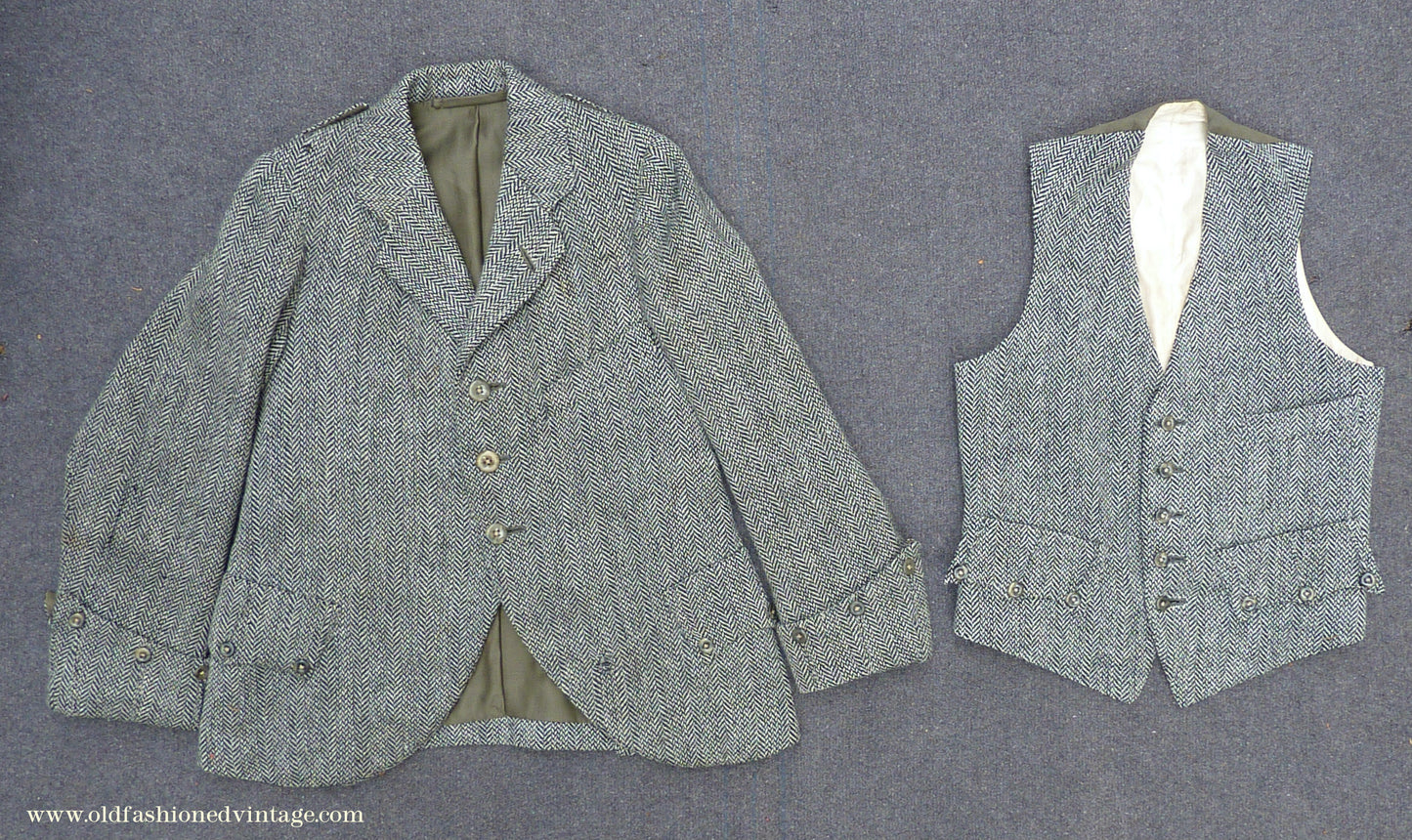 Vintage Boys Edwardian 1920s Argyll Kilt Jacket & Waistcoat Grey Herringbone Tweed Wool