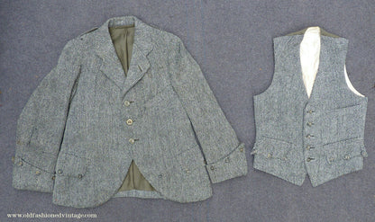 Vintage Boys Edwardian 1920s Argyll Kilt Jacket & Waistcoat Grey Herringbone Tweed Wool