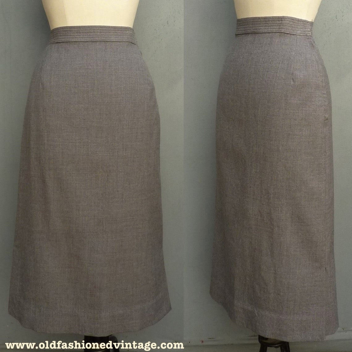 Vintage 1950s Skirt High Waist Grey Flannel Bourne & Hollingsworth UK XS