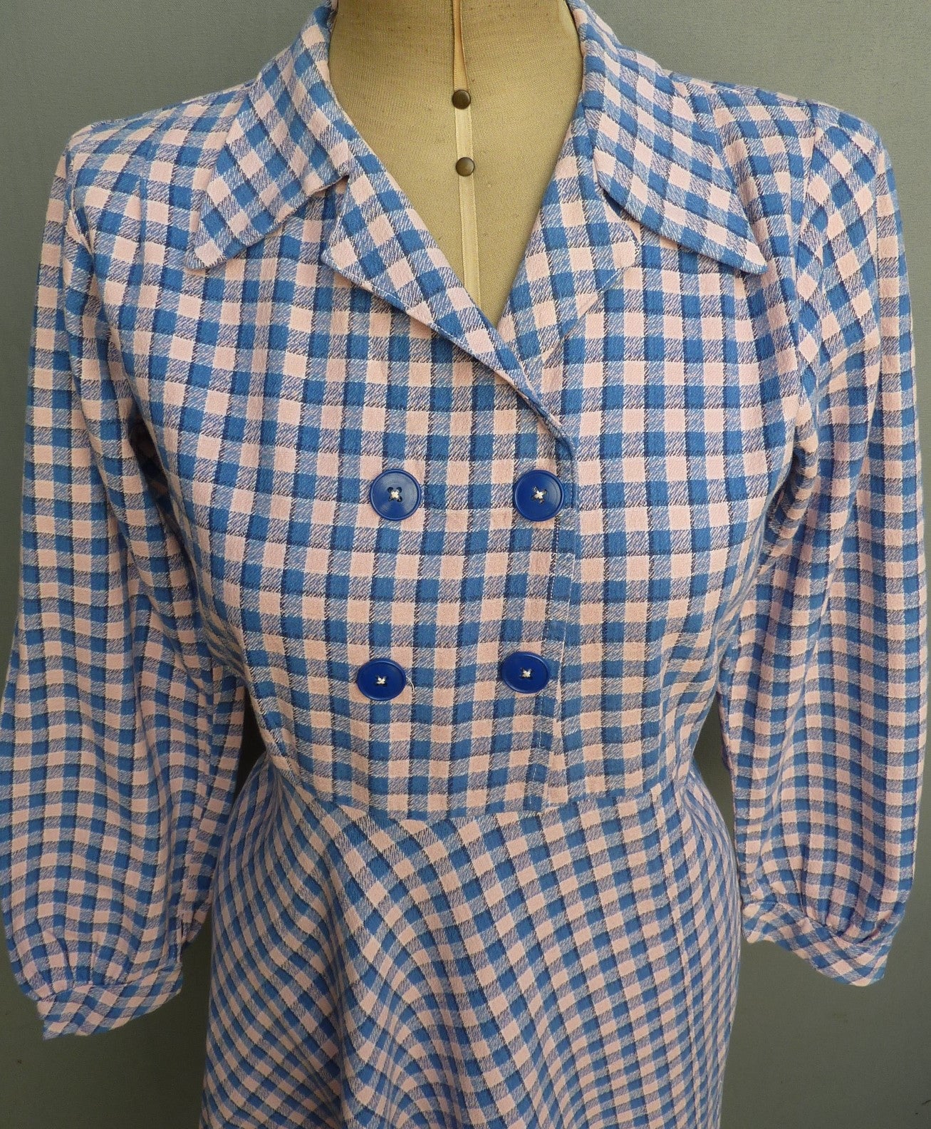 Original 1940s Cotton Dress Blue Pink Checked Gingham Shirt Waister UK S/M