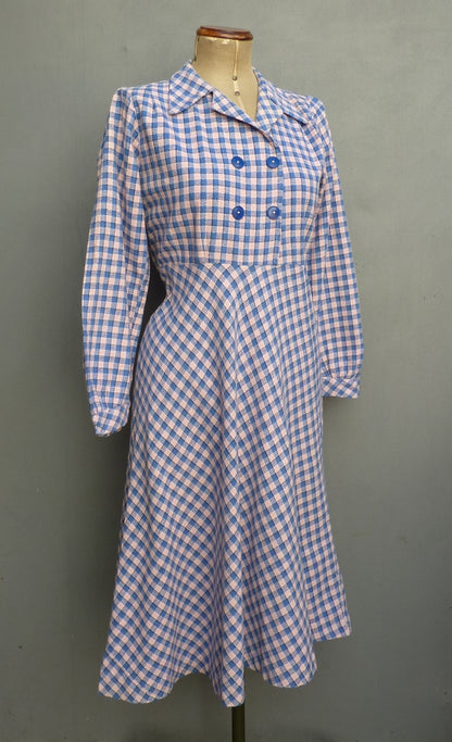 Original 1940s Cotton Dress Blue Pink Checked Gingham Shirt Waister UK S/M