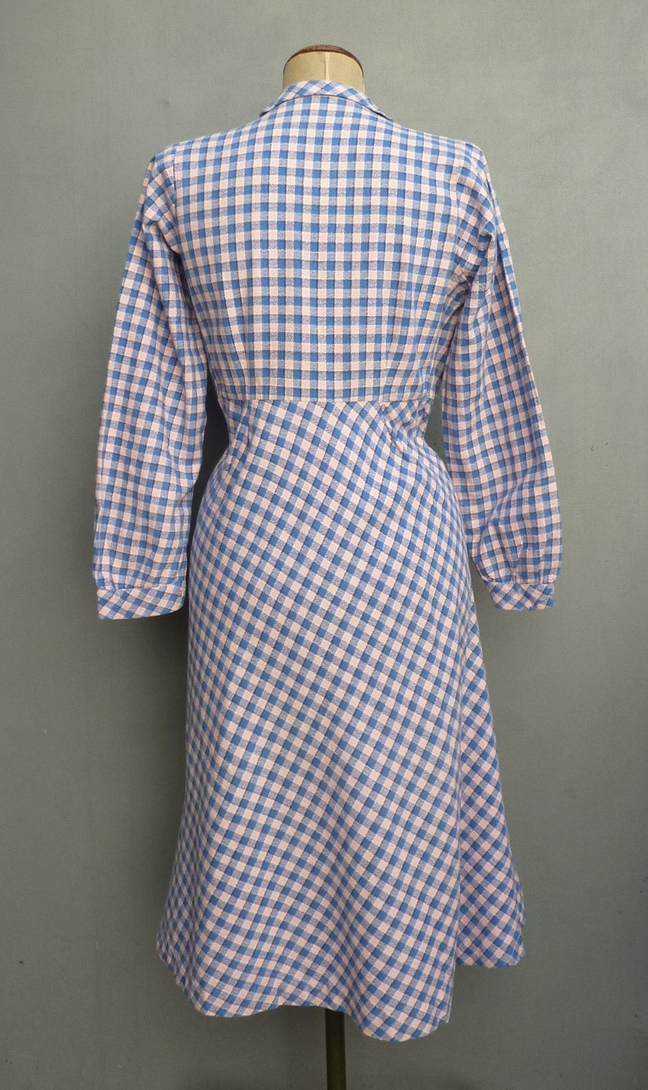 Original 1940s Cotton Dress Blue Pink Checked Gingham Shirt Waister UK S/M