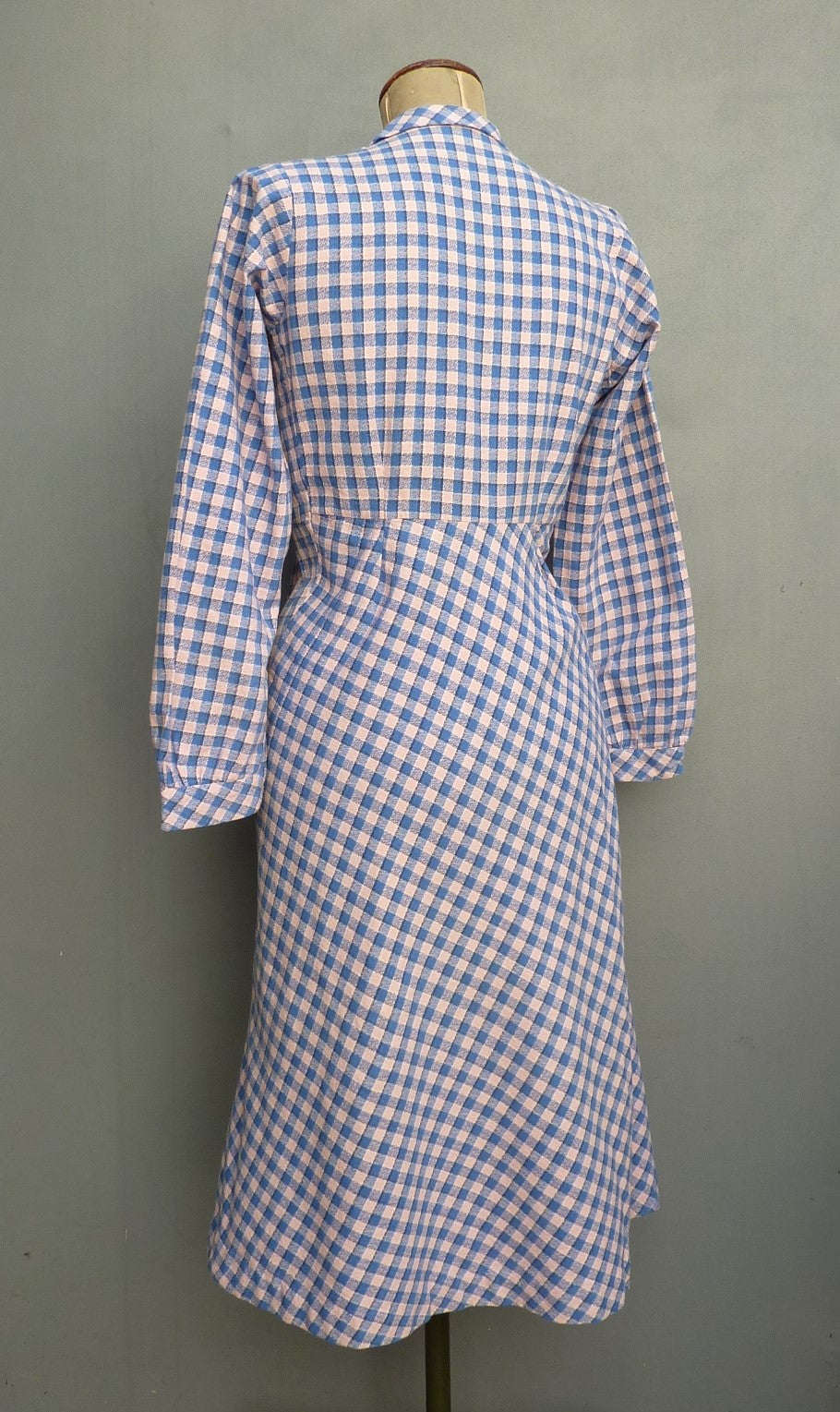 Original 1940s Cotton Dress Blue Pink Checked Gingham Shirt Waister UK S/M