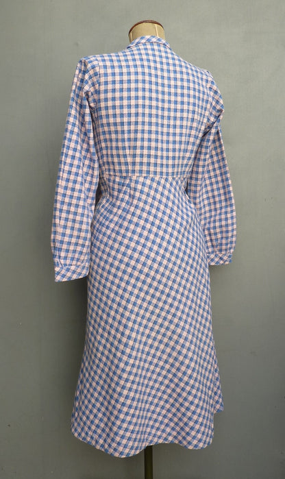 Original 1940s Cotton Dress Blue Pink Checked Gingham Shirt Waister UK S/M