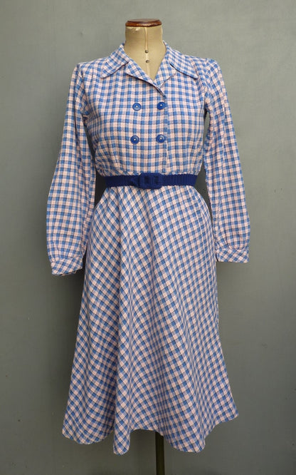 Original 1940s Cotton Dress Blue Pink Checked Gingham Shirt Waister UK S/M