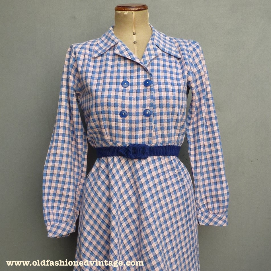 Original 1940s Cotton Dress Blue Pink Checked Gingham Shirt Waister UK S/M