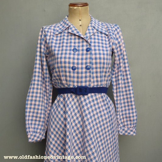 Original 1940s Cotton Dress Blue Pink Checked Gingham Shirt Waister UK S/M