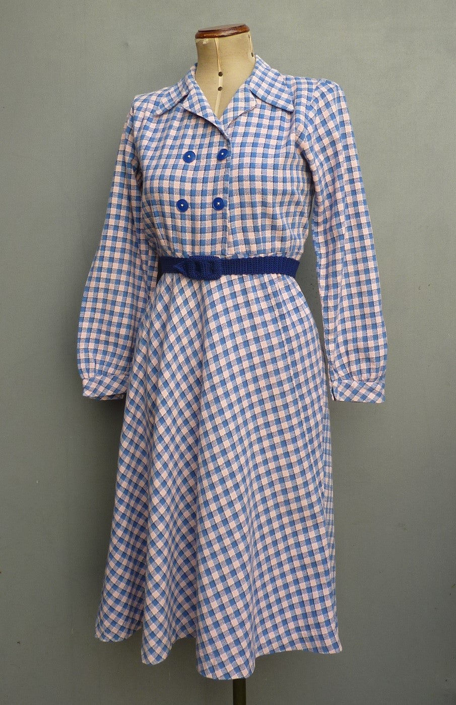 Original 1940s Cotton Dress Blue Pink Checked Gingham Shirt Waister UK S/M