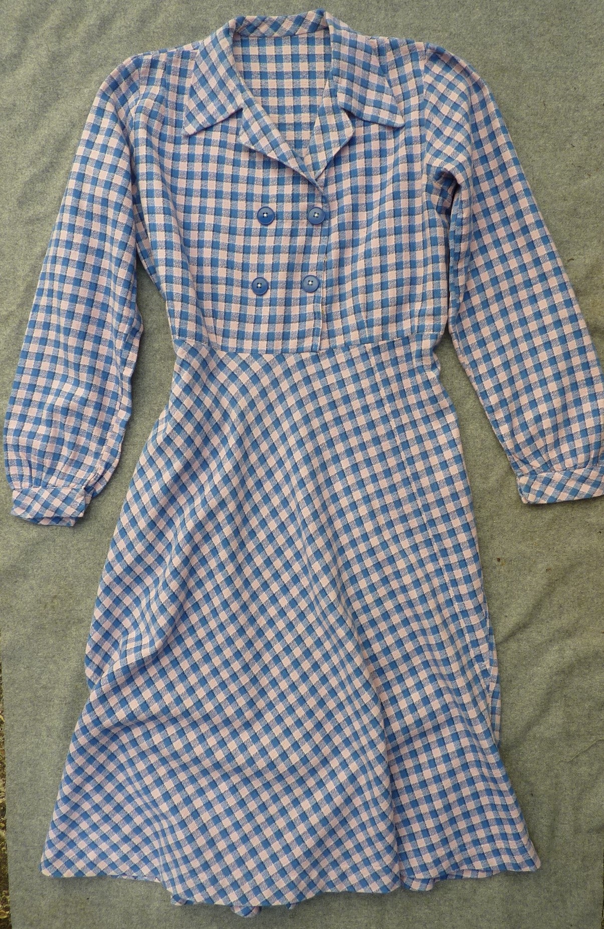 Original 1940s Cotton Dress Blue Pink Checked Gingham Shirt Waister UK S/M