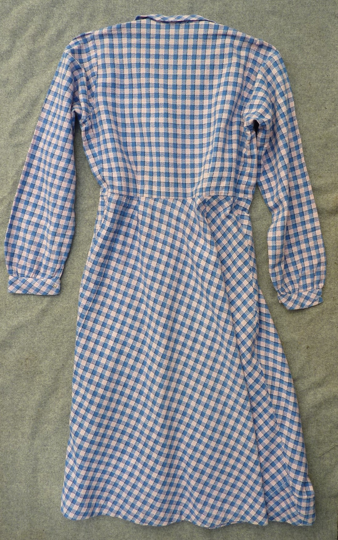 Original 1940s Cotton Dress Blue Pink Checked Gingham Shirt Waister UK S/M