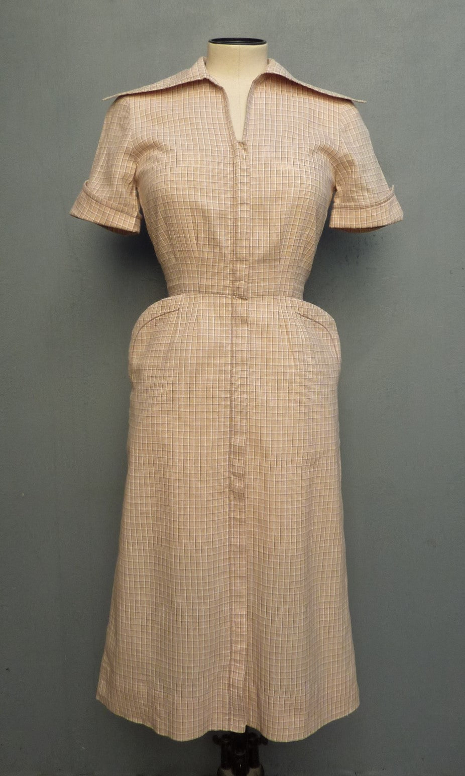 Vintage 1950s Dress Zip Front Checked Cotton Wiggle Skirt Pin Up UK XS