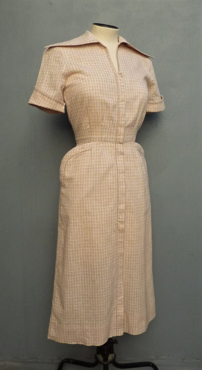 Vintage 1950s Dress Zip Front Checked Cotton Wiggle Skirt Pin Up UK XS