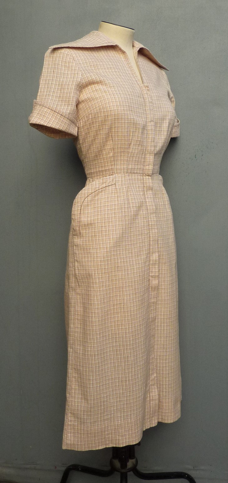 Vintage 1950s Dress Zip Front Checked Cotton Wiggle Skirt Pin Up UK XS