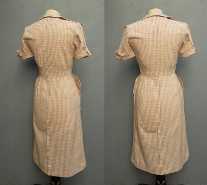 Vintage 1950s Dress Zip Front Checked Cotton Wiggle Skirt Pin Up UK XS