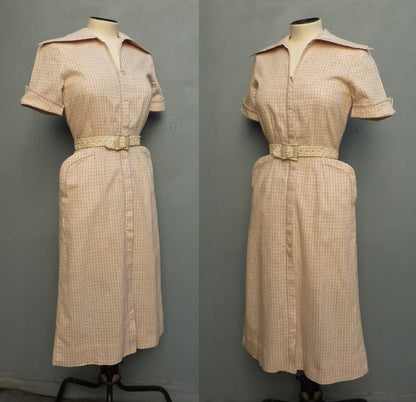 Vintage 1950s Dress Zip Front Checked Cotton Wiggle Skirt Pin Up UK XS