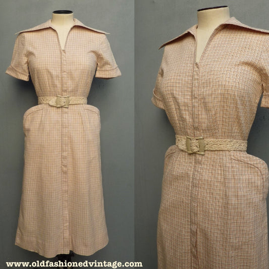 Vintage 1950s Dress Zip Front Checked Cotton Wiggle Skirt Pin Up UK XS