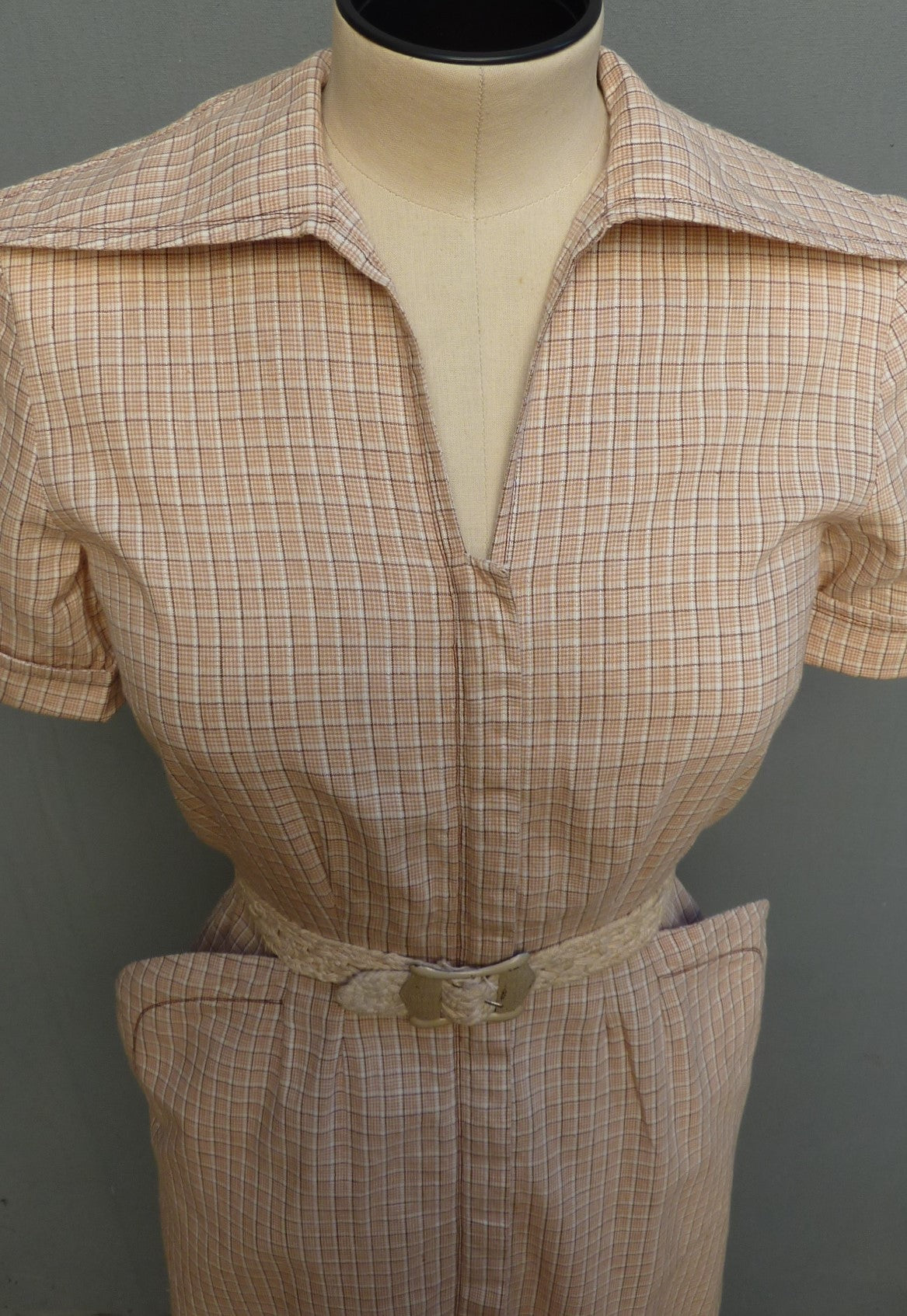 Vintage 1950s Dress Zip Front Checked Cotton Wiggle Skirt Pin Up UK XS