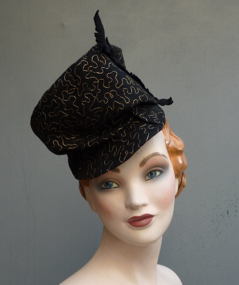 Superb Vintage 1930s 1940s Black Felt Toque Hat Gold Soutache Turban Slouchy Fez