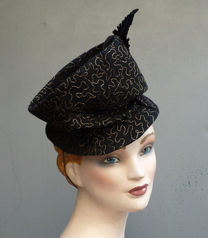 Superb Vintage 1930s 1940s Black Felt Toque Hat Gold Soutache Turban Slouchy Fez