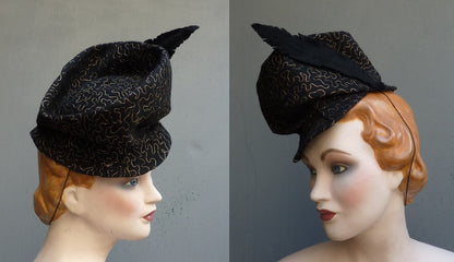 Superb Vintage 1930s 1940s Black Felt Toque Hat Gold Soutache Turban Slouchy Fez