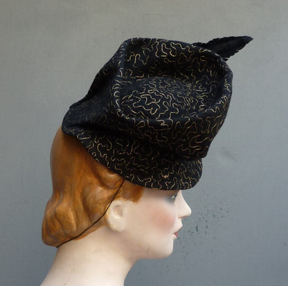 Superb Vintage 1930s 1940s Black Felt Toque Hat Gold Soutache Turban Slouchy Fez