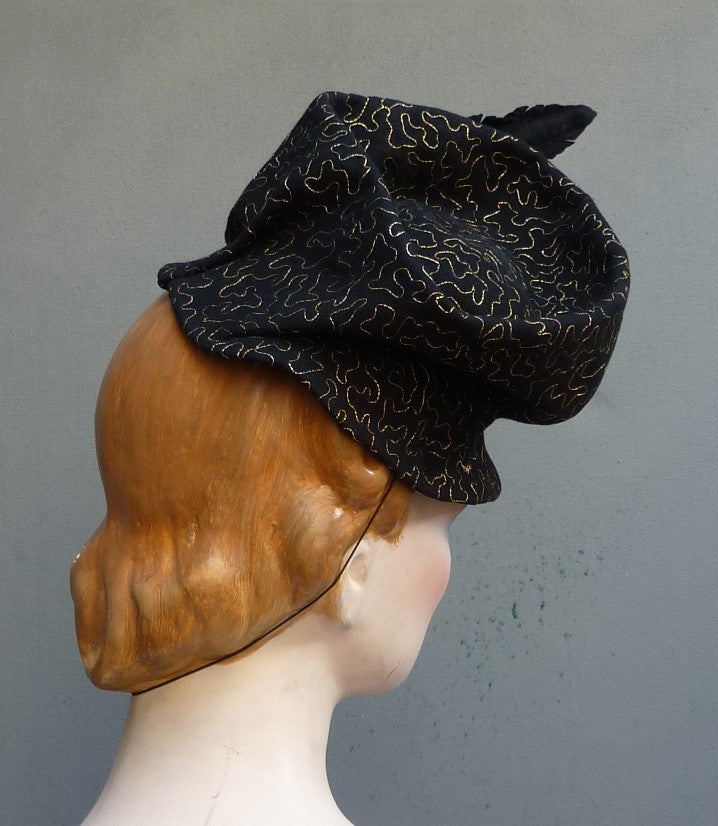 Superb Vintage 1930s 1940s Black Felt Toque Hat Gold Soutache Turban Slouchy Fez