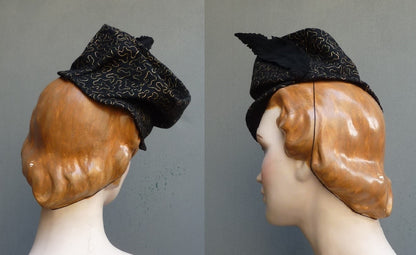 Superb Vintage 1930s 1940s Black Felt Toque Hat Gold Soutache Turban Slouchy Fez