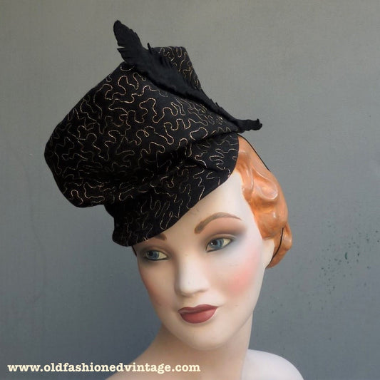 Superb Vintage 1930s 1940s Black Felt Toque Hat Gold Soutache Turban Slouchy Fez