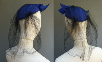 Vintage 1940s Blue Felt Hat Flower Trim Skull Cap With Net