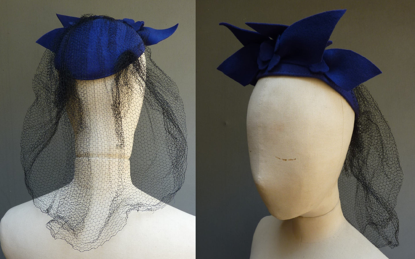 Vintage 1940s Blue Felt Hat Flower Trim Skull Cap With Net