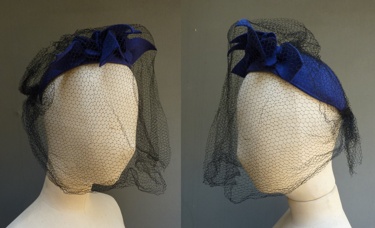 Vintage 1940s Blue Felt Hat Flower Trim Skull Cap With Net