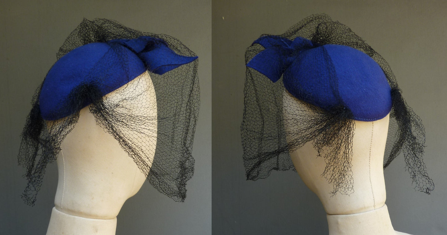 Vintage 1940s Blue Felt Hat Flower Trim Skull Cap With Net