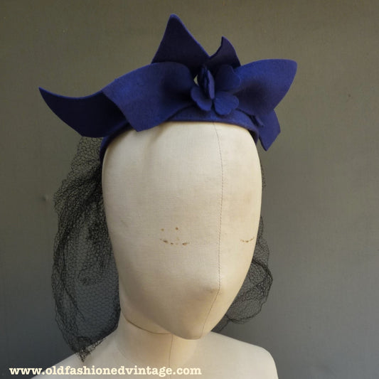 Vintage 1940s Blue Felt Hat Flower Trim Skull Cap With Net