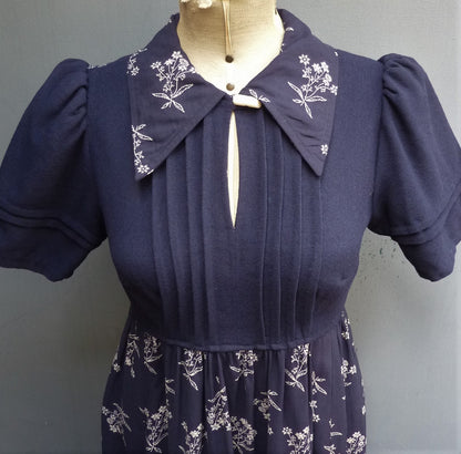 Vintage 1970s Dress Dark Blue & Floral Two Tone Handmade  UK XS