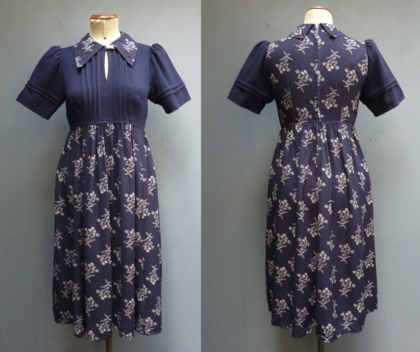 Vintage 1970s Dress Dark Blue & Floral Two Tone Handmade  UK XS