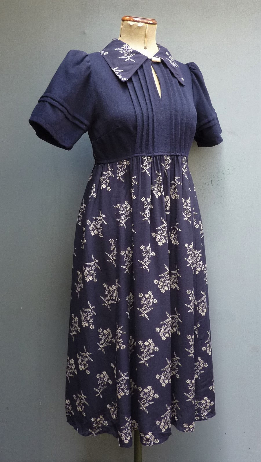 Vintage 1970s Dress Dark Blue & Floral Two Tone Handmade  UK XS